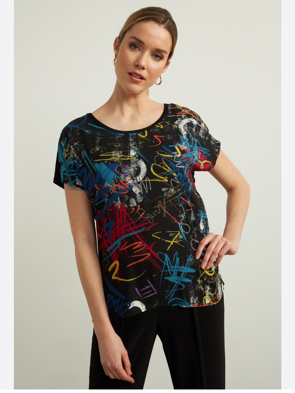 Joseph Ribkoff Black Scoop Neck Top with Multicolor Graffiti Print